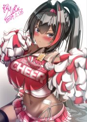 Rule 34 | ahoge, bay (nikke), black hair, black thighhighs, blush, breasts, brown eyes, cheerleader, closed mouth, collar, crop top, dark-skinned female, dark skin, dated, facial tattoo, fang, frown, goddess of victory: nikke, hair intakes, hairband, large breasts, long hair, looking at viewer, milltyan, mole, mole on stomach, mole under mouth, multicolored hair, pom pom (cheerleading), ponytail, red hair, red shirt, red skirt, shirt, signature, single thighhigh, sitting, skirt, spiked collar, spikes, star tattoo, streaked hair, tan, tanline, tattoo, thighhighs, underboob