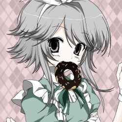 Rule 34 | 1other, alternate costume, androgynous, argyle, argyle background, chinese commentary, closed mouth, commentary request, doughnut, food, food in mouth, gas wf, green ribbon, green shirt, hairband, hand up, highres, houlen yabusame, len&#039;en, neck ribbon, oekaki, other focus, pink background, portrait, puffy short sleeves, puffy sleeves, ribbon, shirt, short hair with long locks, short sleeves, sleeves past wrists, smile, white hairband