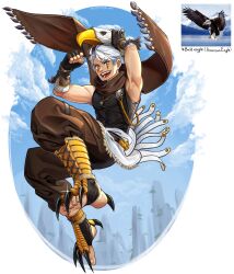 Rule 34 | 1boy, absurdres, armpits, bald eagle, biceps, bird, black gloves, blue sky, brown pants, brown scarf, clenched hand, cloud, eagle, fingerless gloves, glint, gloves, highres, jewelry, knees up, male focus, muscular, muscular male, necklace, open mouth, original, pants, scarf, semmya ori, short hair, sky, smile, solo, talons, twitter username, white hair, yellow eyes