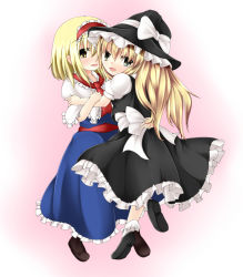 Rule 34 | 2girls, alice margatroid, bad id, bad pixiv id, blonde hair, blue dress, bobby socks, capelet, dress, female focus, gradient background, hairband, hat, hat ribbon, hug, kirisame marisa, loafers, long hair, looking at viewer, multiple girls, open mouth, pink background, ribbon, sash, scarlet 0915, shoes, short hair, short sleeves, skirt, socks, standing, standing on one leg, tiptoes, touhou, vest, witch hat, yellow eyes