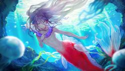 Rule 34 | 1boy, animal, bishounen, blue background, blue eyes, bubble, completely nude, fins, floating hair, full body, head fins, highres, jellyfish, long hair, looking at viewer, male focus, merman, monster boy, multicolored eyes, nude, open mouth, original, purple hair, red scales, scales, seaweed, solo, swimming, underwater, very long hair, waterstaring, yellow eyes