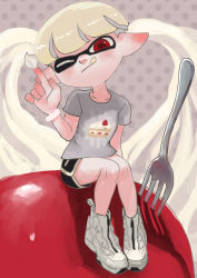 Rule 34 | 1boy, :q, absurdres, black shorts, commentary request, dolphin shorts, fork, full body, grey background, grey shirt, high tops, highres, inkling, inkling boy, inkling player character, koyomi yamai, looking at viewer, male focus, nintendo, one eye closed, pointy ears, print shirt, red eyes, shirt, shoes, short hair, shorts, simple background, sitting, sneakers, solo, splatoon (series), splatoon 3, tentacle hair, tongue, tongue out, whipped cream, white footwear, white hair, white trim