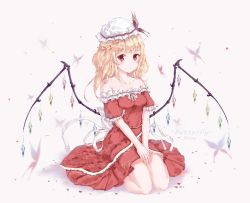 Rule 34 | 1girl, alternate hairstyle, artist name, bare shoulders, blonde hair, blush, braid, breasts, bug, butterfly, butterfly hair ornament, chinese commentary, collarbone, commentary request, crystal, dress, flandre scarlet, frills, grey background, hair ornament, hat, insect, long hair, looking at viewer, mob cap, niuy, off-shoulder dress, off shoulder, red dress, red eyes, ribbon, seiza, short dress, short sleeves, simple background, sitting, small breasts, solo, touhou, white hat, white ribbon, wings