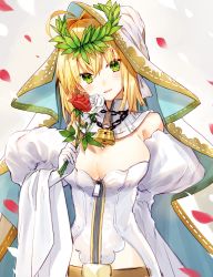 Rule 34 | 10s, 1girl, belt, blonde hair, blush, breasts, detached sleeves, fate/extra, fate/extra ccc, fate/grand order, fate (series), flower, green eyes, hair between eyes, hair intakes, highres, holding, holding flower, large breasts, laurel crown, leotard, looking at viewer, nero claudius (bride) (fate), nero claudius (bride) (third ascension) (fate), nero claudius (fate), nero claudius (fate) (all), open mouth, parted lips, petals, red flower, red rose, rose, rose petals, sidelocks, smile, solo, tsurime, upper body, veil, white leotard, yuya (night lily), zipper