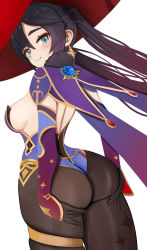 Rule 34 | 1girl, artist request, ass, ass grab, ass support, blush, breasts, cape, detached sleeves, elbow gloves, from behind, genshin impact, gloves, green eyes, hair ribbon, hat, highres, huge ass, hydro (genshin impact), large breasts, leotard, long hair, looking at viewer, mona (genshin impact), pantyhose, purple hair, ribbon, shiny clothes, sideboob, smile, solo, thick thighs, thighlet, thighs, twintails, very long hair, vision (genshin impact)