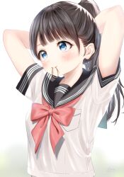 Rule 34 | 1girl, absurdres, adjusting hair, akebi-chan no serafuku, akebi komichi, arms behind head, arms up, black sailor collar, blue eyes, blush, breasts, closed mouth, dated, fluno, gradient background, hair tie, hair tie in mouth, high ponytail, highres, long hair, mouth hold, neckerchief, ponytail, red neckerchief, roubai academy school uniform (old), sailor collar, school uniform, serafuku, shirt, signature, simple background, small breasts, solo, tying hair, upper body, white shirt