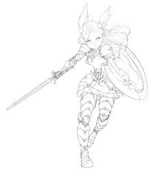 Rule 34 | 1girl, armor, creatures (company), drawfag, full body, game freak, gauntlets, greaves, greyscale, hair ornament, highres, holding, holding sword, holding weapon, jasmine (pokemon), lineart, long hair, looking at viewer, monochrome, nintendo, parted lips, pokemon, shield, solo, standing, sword, two side up, weapon