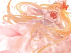 Rule 34 | 1girl, blonde hair, bow, bowtie, capelet, closed eyes, commentary request, dress, facing viewer, hat, highres, lily white, long hair, open mouth, petals, red bow, red bowtie, simple background, smile, solo, subaru18, touhou, very long hair, white background, white dress, white hat, wide sleeves