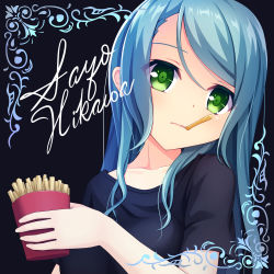 10s 1girl aqua_hair bang_dream! black_background black_shirt blue_hair character_name collarbone commentary_request food food_in_mouth french_fries frown green_eyes hikawa_sayo holding holding_food iwamoto_sora looking_at_viewer mouth_hold shirt short_sleeves solo t-shirt upper_body