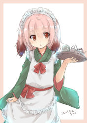 Rule 34 | 1girl, absurdres, alternate costume, apron, colored tips, cowboy shot, enmaided, frilled apron, frills, fyuo, green kimono, hair between eyes, highres, japanese clothes, kantai collection, kimono, kunashiri (kancolle), looking at viewer, maid, maid headdress, multicolored hair, one-hour drawing challenge, orange eyes, pink hair, red ribbon, ribbon, simple background, solo, tray, two-tone hair, wa maid, white apron, white background