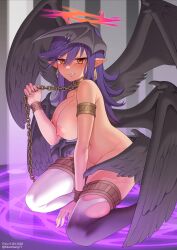 Rule 34 | 1girl, absurdres, armlet, blush, breasts, chain, collar, commission, darklord ixchel, duel monster, earrings, fallen angel, feathered wings, feet out of frame, halo, head wings, highres, jewelry, kkam-sang, large breasts, long hair, metal collar, multiple wings, nipples, nude, pixiv id, pointy ears, purple hair, red eyes, seraph, solo, thighhighs, thighlet, thighs, torn clothes, torn thighhighs, twitter username, wings, yu-gi-oh!