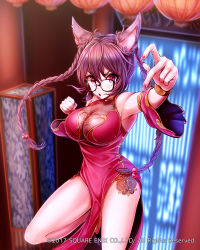 Rule 34 | 1girl, :o, alternate hairstyle, animal ears, blurry, blurry background, bracer, braid, breasts, brown hair, cat ears, china dress, chinese clothes, detached sleeves, dress, fighting stance, glasses, highres, impossible clothes, large breasts, long hair, looking at viewer, mappaninatta, nail polish, official art, outstretched arm, pelvic curtain, purple eyes, side slit, solo, standing, standing on one leg, twin braids, venus rumble, watermark