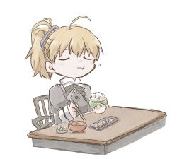 Rule 34 | 1girl, :t, ahoge, andou tazusa, assault lily, blonde hair, bowl, buttons, chair, chopsticks, closed eyes, closed mouth, commentary request, eating, fish (food), grey ribbon, hair ribbon, hands up, highres, holding, holding bowl, holding chopsticks, juliet sleeves, long sleeves, motion lines, neck ribbon, on chair, ponytail, puffy sleeves, ribbon, rice, rice bowl, school uniform, short hair, simple background, sitting, smile, solo, table, toyo (sameden46), upper body, white background, yurigaoka girls academy school uniform