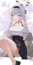 Rule 34 | 1girl, alternate costume, black footwear, black skirt, blue archive, blush, breasts, closed mouth, flower, grey hair, grey halo, hair flower, hair ornament, halo, highres, himari (blue archive), long hair, looking at viewer, mole, mole under eye, moshiwa (indigollite), pleated skirt, pointy ears, purple eyes, shirt, shoes, skirt, small breasts, smile, solo, tongue, tongue out, white flower, white shirt