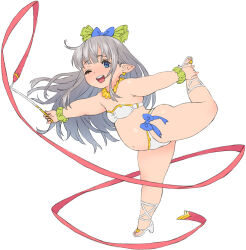 Rule 34 | 1girl, blue bow, blue eyes, bow, breasts, commentary request, earrings, full body, granblue fantasy, grey hair, hair bow, highres, holding own leg, jewelry, jinroku, leaning forward, lilele (granblue fantasy), long hair, looking at viewer, navel, one eye closed, open mouth, pointy ears, red ribbon, ribbon, simple background, small breasts, solo, standing, standing on one leg, tareme, thick arms, thick thighs, thighs, white background, white footwear