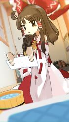 Rule 34 | 1girl, bare shoulders, blush, bow, brown eyes, brown hair, bucket, bucket of water, collared shirt, detached sleeves, frilled bow, frilled hair tubes, frills, hair bow, hair tubes, hakurei reimu, hands up, highres, holding, indoors, looking at viewer, medium hair, neckerchief, paper towel, red bow, red skirt, ribbon-trimmed sleeves, ribbon trim, shirt, simple background, sizinnomeitei, skirt, solo, touhou, water, wooden bucket, yellow neckerchief
