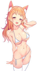 Rule 34 | 1girl, :d, absurdres, animal ear fluff, animal ears, bikini, breasts, collarbone, commentary request, commission, double v, highres, large breasts, long hair, looking at viewer, navel, open mouth, orange eyes, orange hair, original, side-tie bikini bottom, simple background, skeb commission, smile, solo, standing, suteba (grzjkbhgf), swimsuit, teeth, thighhighs, upper teeth only, v, white background, white bikini, white thighhighs