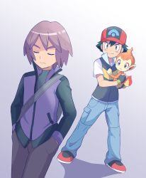 Rule 34 | 2boys, ash ketchum, backpack, bag, black hair, chimchar, closed eyes, closed mouth, commentary request, creatures (company), fingerless gloves, game freak, gen 4 pokemon, gloves, grey bag, hands in pockets, hat, highres, holding, holding pokemon, jacket, male focus, mei (maysroom), multiple boys, nintendo, pants, parted lips, paul (pokemon), pokemon, pokemon (anime), pokemon (creature), pokemon dppt (anime), purple hair, red headwear, shirt, shoes, short hair, short sleeves