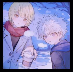 Rule 34 | 2boys, black border, black jacket, blonde hair, blue eyes, blush, border, brown eyes, closed mouth, cup, day, disposable cup, grey jacket, highres, holding, hunter x hunter, jacket, kiko, killua zoldyck, kurapika, long sleeves, looking at viewer, male focus, multiple boys, outdoors, parted lips, red scarf, scarf, snow, tree, upper body, white hair