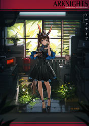 Rule 34 | 1girl, ahoge, alternate costume, amiya (arknights), animal ear fluff, animal ears, arknights, bare legs, bare shoulders, black dress, black footwear, black gloves, blue eyes, blue ribbon, blush, breasts, rabbit ears, can, cellphone, closed mouth, photocopier, copyright name, corded phone, cup, dated, dress, drinking glass, english text, fire extinguisher, flower pot, fly tutu, full body, gloves, high heels, highres, holding, holding phone, indoors, keyboard (computer), long hair, long sleeves, looking at viewer, monitor, partially fingerless gloves, phone, plant, ponytail, potted plant, rabbit girl, ribbon, single glove, smartphone, smile, solo, standing, tile floor, tiles, very long hair, window
