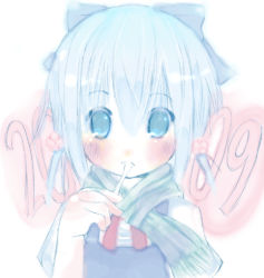 Rule 34 | 00s, 1girl, 2009, bad id, bad pixiv id, blue bow, blue eyes, blue hair, blue scarf, blush, bow, cirno, dress, eyebrows, female focus, food, hair bow, hair ornament, mochi, neck ribbon, new year, perfect cherry blossom, pinafore dress, red ribbon, ribbon, scarf, shirt, sleeveless dress, solo, touhou, twintails, upper body, white background, white shirt, yuki-na