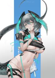 Rule 34 | 1girl, absurdres, aqua eyes, aqua wings, arknights, bikini, breasts, character name, closed mouth, feathered wings, fingerless gloves, gloves, grey hair, hair between eyes, head wings, highres, ho&#039;olheyak (arknights), large breasts, looking at viewer, navel, short hair, smile, snake tail, solo, splitting0, stomach, swimsuit, tail, thigh strap, white gloves, wings, zipper