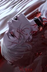 Rule 34 | 1girl, acheron (honkai: star rail), black choker, blood, blood from mouth, blood on face, body markings, choker, earrings, flower, highres, honkai: star rail, honkai (series), jewelry, looking up, lying on water, m alexa, markings, open mouth, partially submerged, portrait, red eyes, red flower, red lips, signature, solo, water, white hair