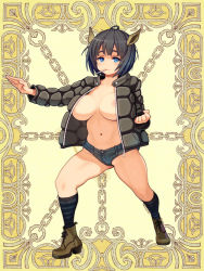 Rule 34 | 1girl, animal ears, aqua eyes, areola slip, black hair, breasts, character request, denim, fighting stance, full body, jacket, kerberos blade, large breasts, legs apart, long sleeves, mouth hold, navel, no bra, no shirt, official art, open clothes, open jacket, ryoji (nomura ryouji), short hair, short shorts, shorts, socks, striped clothes, striped legwear, striped socks, wide stance, yellow background