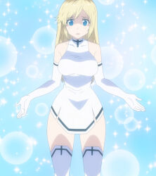 Rule 34 | 1girl, absurdres, bare shoulders, blonde hair, blue eyes, breasts, collarbone, dress, elbow gloves, gloves, highres, large breasts, long hair, looking down, parted lips, screencap, short dress, stitched, thick thighs, thighhighs, thighs, third-party edit, white dress, white gloves, white thighhighs, yuna yunis, yuusha ga shinda!