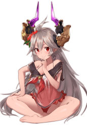 Rule 34 | absurdres, ahoge, barefoot, breasts, casual one-piece swimsuit, chou shippai-saku, cleavage, closed mouth, draph, finger to mouth, flower, full body, granblue fantasy, hair between eyes, hair flower, hair ornament, halterneck, hand on own thigh, highres, horns, indian style, large breasts, long hair, off-shoulder shirt, off shoulder, one-piece swimsuit, pointy ears, red eyes, red one-piece swimsuit, sailor collar, sailor shirt, see-through, shirt, silver hair, simple background, sitting, smile, solo, swimsuit, threo (eternal&#039;s summer vacation) (granblue fantasy), threo (granblue fantasy), very long hair, white background