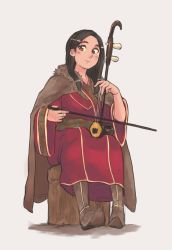Rule 34 | 1girl, absurdres, akiosketch, boots, bow (music), brown eyes, brown hair, closed mouth, grey background, highres, holding, holding instrument, instrument, instrument request, looking at viewer, music, original, playing instrument, pointy footwear, robe, sash, simple background, sitting, smile, solo