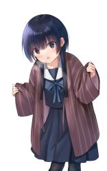 Rule 34 | 1girl, black hair, black pantyhose, blue bow, blue skirt, blush, bow, brown eyes, collarbone, commentary request, feet out of frame, hands up, haori, highres, japanese clothes, long sleeves, looking at viewer, medium hair, na-ga, neck ribbon, open clothes, open mouth, original, pantyhose, pleated skirt, ribbon, sailor collar, school uniform, simple background, skirt, sleeves past wrists, solo, standing, striped, vertical stripes, white background, wide sleeves