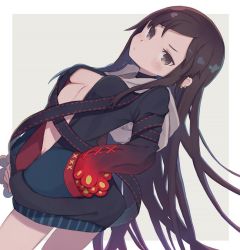 Rule 34 | 1girl, black choker, black dress, blush, breasts, brown eyes, brown hair, center opening, choker, closed mouth, dress, dutch angle, fate/grand order, fate (series), grey background, hand in pocket, hood, hood down, long hair, long sleeves, looking at viewer, medium breasts, sleeves past wrists, solo, swept bangs, totatokeke, two-tone background, very long hair, white background, yu mei-ren (fate)