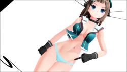 Rule 34 | 10s, 1girl, 3d, artist request, black gloves, blue eyes, breasts, brown hair, cleavage, cowboy shot, gloves, headgear, kantai collection, looking at viewer, maya (kancolle), mikumikudance (medium), navel, no bra, open clothes, open shirt, panties, shirt, simple background, solo, standing, thighs, underwear, white background
