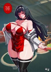 1girl astra_yao black_hair black_thighhighs blurry blurry_background breasts dress grin highres indoors jadenkaiba large_breasts long_hair looking_at_viewer red_dress red_eyes short_dress smile thighhighs zenless_zone_zero