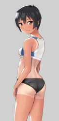 Rule 34 | 1girl, androgynous, arms at sides, ass, back, bare shoulders, black hair, blush, brown eyes, closed mouth, commentary request, crop top, from behind, grey background, hashi, lips, looking at viewer, one-piece tan, original, short hair, simple background, smile, solo, sportswear, standing, tan, tanline, thighs, tomboy, track uniform