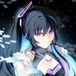 Rule 34 | 1girl, aqua gemstone, black hair, black shirt, blue hair, chain, chain necklace, cleavage cutout, clothing cutout, colored inner hair, cross-shaped pupils, earrings, glowing fish, glowing necklace, gradient hair, hair between eyes, hair intakes, hand on own chest, high side ponytail, highres, idol clothes, iridescent hair, jewelry, light smile, looking at viewer, multicolored hair, multiple necklaces, necklace, official alternate costume, punishing: gray raven, purple eyes, selena: capriccio (punishing: gray raven), selena (punishing: gray raven), shirt, simple fish, solo, star (symbol), streaked hair, symbol-shaped pupils, upper body, vest, white vest, yuki chi xuex