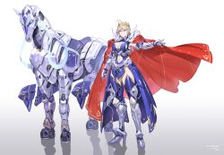 Rule 34 | 1girl, absurdres, armor, artist name, artoria pendragon (fate), artoria pendragon (lancer) (fate), blonde hair, blue eyes, braid, breasts, cape, character name, character request, cleavage, closed mouth, clothing cutout, dated, dun stallion (fate), expressionless, fate/grand order, fate (series), french braid, full body, highres, large breasts, looking at viewer, navel, navel cutout, red cape, revision, short hair, sohn woohyoung, solo