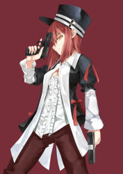 Rule 34 | 1girl, breasts, cleavage, dual wielding, frilled shirt, frills, gun, handgun, hat, holding, layered sleeves, legs apart, long sleeves, looking at viewer, medium breasts, murata taichi, o-ring, orange eyes, original, pants, pistol, red background, red hair, shirt, short over long sleeves, short sleeves, simple background, solo, weapon