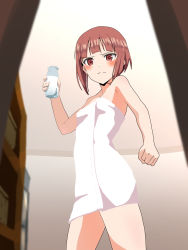 Rule 34 | 1girl, blush, bottle, breasts, brown eyes, brown hair, changing room, closed mouth, feet out of frame, female focus, highres, holding, holding bottle, indoors, kantai collection, milk bottle, naked towel, sarura, short hair, small breasts, standing, towel, z3 max schultz (kancolle)