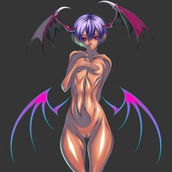 Rule 34 | 1girl, bad anatomy, bad id, bad pixiv id, bat wings, breast hold, breasts, capcom, covering privates, covering breasts, covering crotch, demon girl, flat chest, grey background, hair between eyes, head wings, inagaki, light smile, lilith aensland, looking at viewer, navel, nude, purple eyes, purple hair, shiny skin, simple background, solo, vampire (game), wings