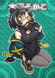 Rule 34 | 1girl, animare, aqua background, black dress, black gloves, black hair, blue background, blue eyes, blue hair, blue jacket, book, breasts, china dress, chinese clothes, cleavage, cleavage cutout, closed mouth, clothing cutout, commentary request, cone hair bun, dress, expressionless, full body, glasses, gloves, grey thighhighs, hair bun, heebee, highres, holding, holding book, jacket, looking at viewer, multicolored hair, nanashi inc., off shoulder, oura rukako, oura rukako (2nd costume), outline, round eyewear, shoes, short hair, sleeveless, sleeveless dress, sneakers, solo, streaked hair, thighhighs, tinted eyewear, translation request, virtual youtuber, white hair, white outline, yellow-framed eyewear