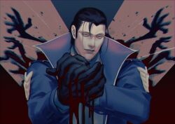 Rule 34 | 1boy, 9gu 84, abstract background, absurdres, black gloves, black hair, blood drip, blue coat, coat, collared coat, gloves, highres, long hair, looking at viewer, loose hair strand, male focus, mature male, ponytail, scar, scar on chin, scar on face, scar on mouth, scar on nose, sergei dragunov, smile, solo, tekken, upper body