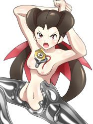 Rule 34 | 1girl, absurdres, angry, blush, bow, breasts, brown hair, clenched hands, creatures (company), game freak, gen 7 pokemon, hand up, hands on own head, highres, large breasts, liquid metal, looking at viewer, meltan, metal, mythical pokemon, nintendo, nipples, nude, open mouth, pink bow, pokemon, pokemon oras, red eyes, roxanne (pokemon), shoukin500, thighs, twintails, white background