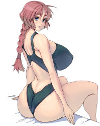 Rule 34 | 1girl, ass, blue eyes, breasts, covered erect nipples, curvy, freckles, highres, huge ass, huge breasts, kouno (masao), looking at viewer, mole, original, red hair, simple background, solo, swimsuit, thick thighs, thighs, white background, wide hips