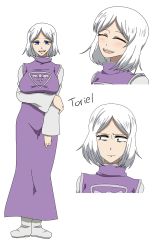 Rule 34 | 1girl, blue eyes, boots, breasts, character sheet, dress, female focus, highres, personification, short hair, simple background, solo, toriel, undertale, white background, white hair