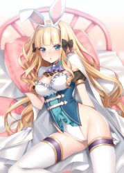 Rule 34 | 1girl, ;o, animal ears, artist name, bed, blonde hair, blue eyes, blunt bangs, blush, bow, breasts, brooch, cape, elf, frills, gem, gloves, hair bow, hattori masaki, highres, jewelry, long hair, looking at viewer, medium breasts, one eye closed, open mouth, pillow, pointy ears, princess connect!, rabbit ears, saren (princess connect!), sleeveless, solo, strapless, thighhighs, wavy hair, white thighhighs