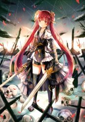 Rule 34 | 1girl, absurdres, bad id, bad pixiv id, black thighhighs, collarbone, highres, holding, holding sword, holding weapon, iceblue, long hair, looking away, original, red eyes, red hair, solo, sword, thighhighs, twintails, weapon