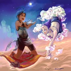 Rule 34 | 1boy, 1girl, :o, aladdin (character), anklet, arabian clothes, back, barefoot, beehive hairdo, bikini, bikini top only, blue eyes, breasts, brown eyes, brown hair, carpet, desert, diadem, earrings, feathers, floating, foreshortening, gem, genie, harem pants, head chain, hoop earrings, jewelry, kneeling, lamp, looking at another, magic carpet, medium breasts, momopanda, nail polish, night, oil lamp, open mouth, outdoors, outstretched arms, outstretched hand, pale skin, pants, pointy ears, purple hair, purple nails, sash, shirt, shorts, signature, skyline, sleeveless, sleeveless shirt, smile, smoke, star (sky), surprised, swimsuit, tower, turban, wristband