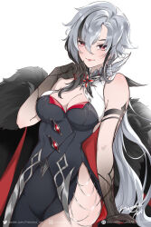 Rule 34 | 1girl, absurdres, arlecchino (genshin impact), arm tattoo, bare shoulders, black dress, black hair, breasts, cleavage, commentary, cowboy shot, dress, genshin impact, grey hair, hair between eyes, hamonji, highres, long hair, looking at viewer, medium breasts, multicolored hair, red eyes, simple background, sleeveless, sleeveless dress, solo, standing, streaked hair, tattoo, very long hair, white background